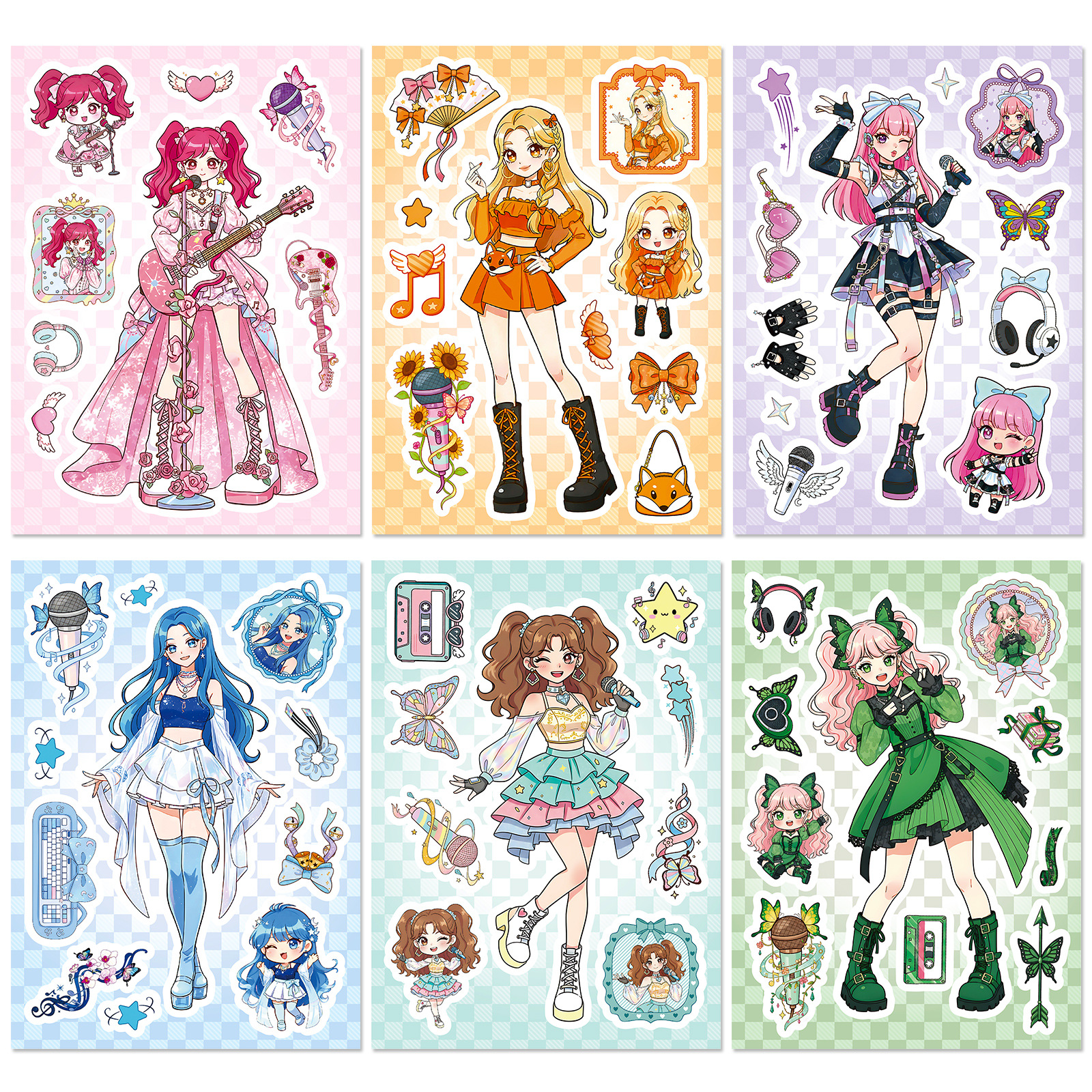New Set of 6 Pieces/Pack Idol Girl Cartoon Puzzle Face-Changing Stickers with Colorful Outfits and Music Elements for Journal Decoration Collage