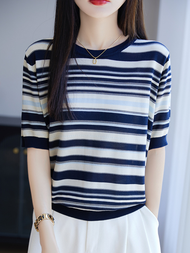 New Style Color-Block Tencel Round Neck Short-Sleeve Women's T-Shirt, Striped Knit Short-Sleeve Top for Women, Summer High-End Feel Short-Sleeve T-Shirt for Women
