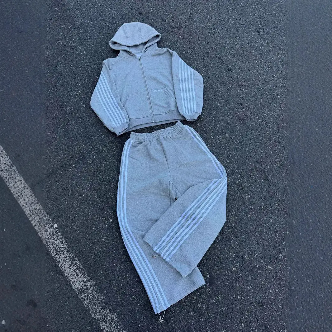 欧美条纹简约设计男女同款春季休闲套装情侣连帽衫