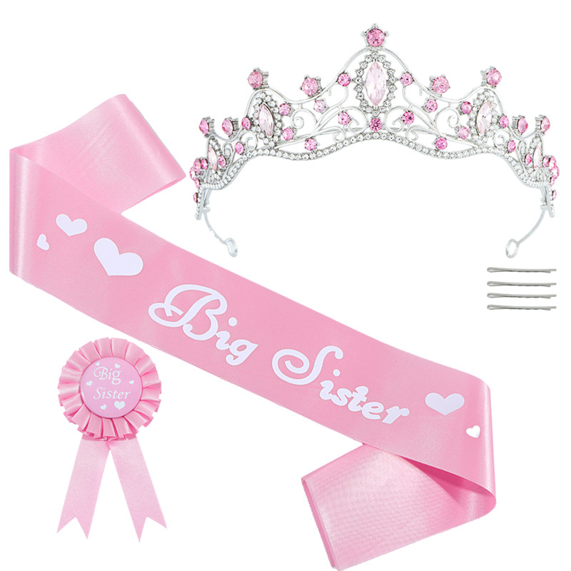 European and American Fashion Big Sister Ribbon Badge Crown Three-Piece Set Pink Headwear Baby Girl Dress Up