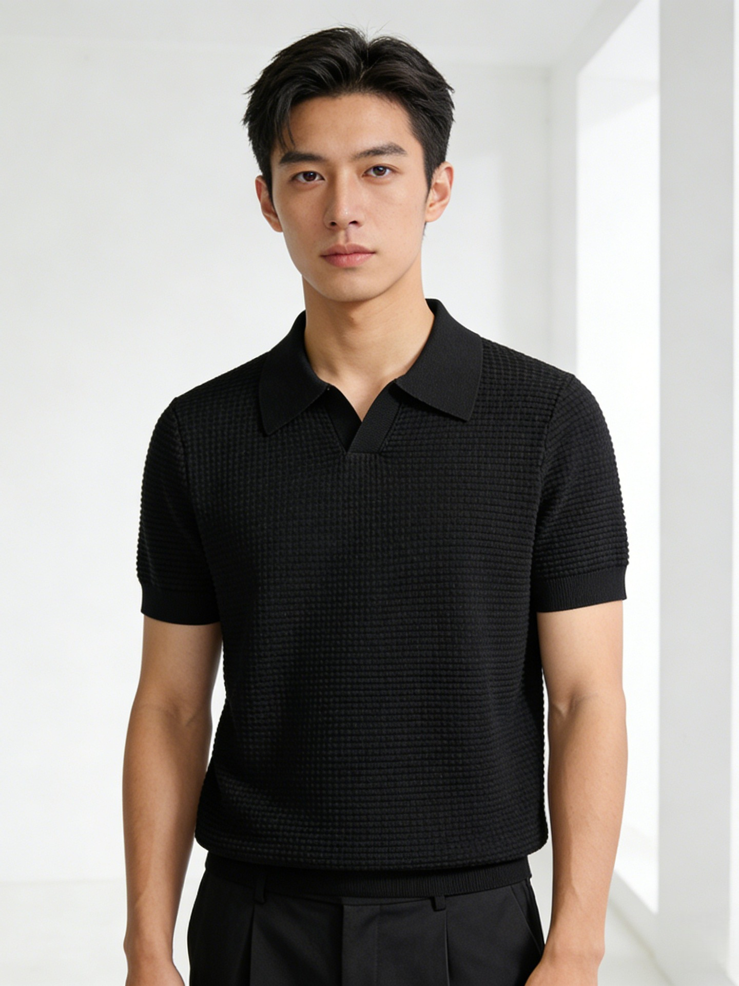 Jianheng High-End Luxury Old Money Style Knitted T-Shirt V-Neck Short-Sleeve Knit Top Versatile Casual Textured Polo Shirt for Men
