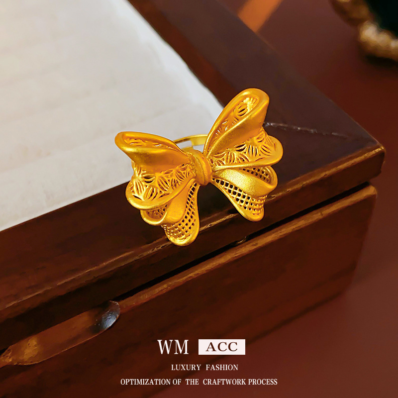 New Chinoiserie Sand Gold Bow Open Ring Niche Exaggerated Design Index Finger Ring High-End Personalized Hand Jewelry for Women