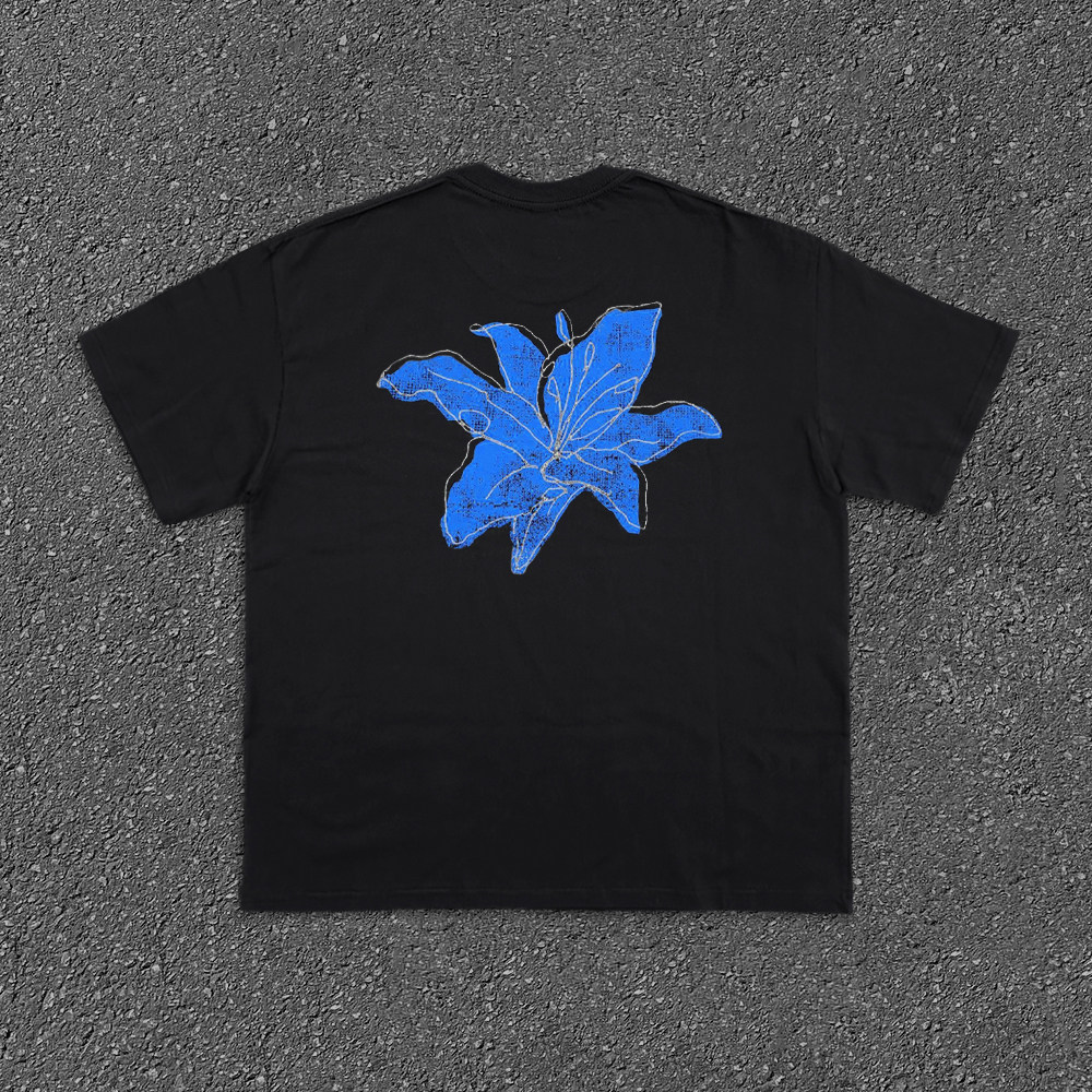 Bomba Studio Heavyweight Cotton American Retro Blue Floral Print Short-Sleeve T-Shirt Unisex Trendy Brand Tee