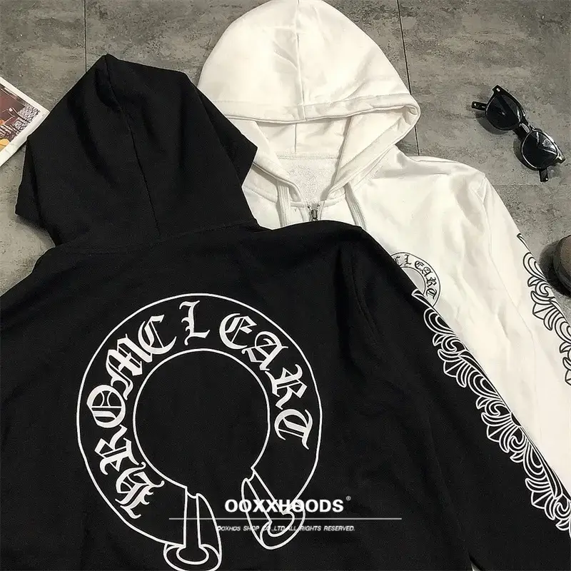 Detailed Large Sword Zipper Head Black and White Print Cross Horseshoe Rune Text Loose Fall and winter Outwear Sweatshirt