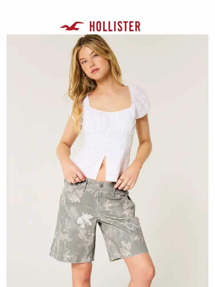 Hollister25 Summer New Arrival Baggy Style Low Waist Pattern Denim Half Length Shorts Women's Clothing KI349-5220