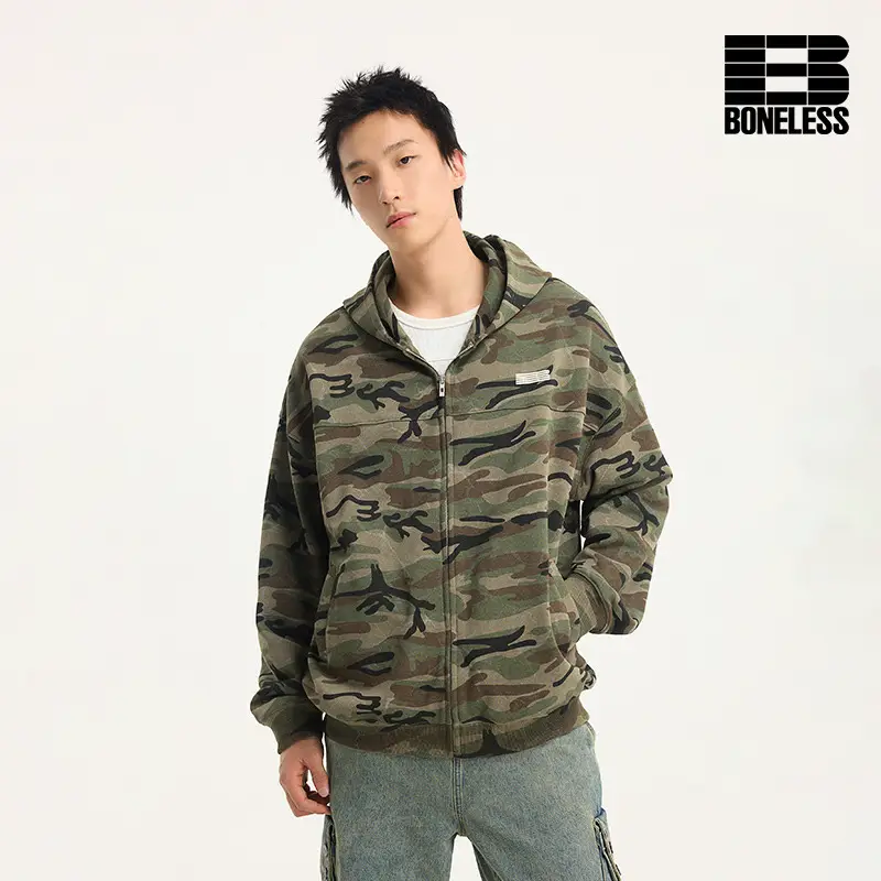 Boneless Spring 2025 New arrival Camouflage Hooded Cardigan Sweatshirt Thick Version Print Loose Hoodie Outwear Men's Trendy