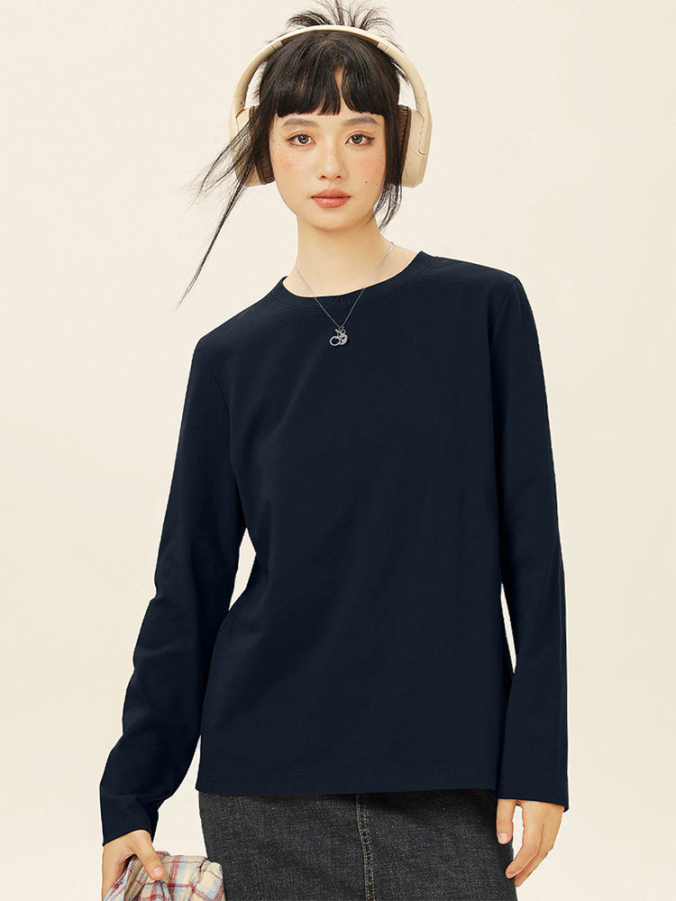 Round Neck T-Shirt for Women 2026 New Style Simple Versatile Solid Color Long-Sleeved Loose Comfortable Inner Layering Shirt Women's Top