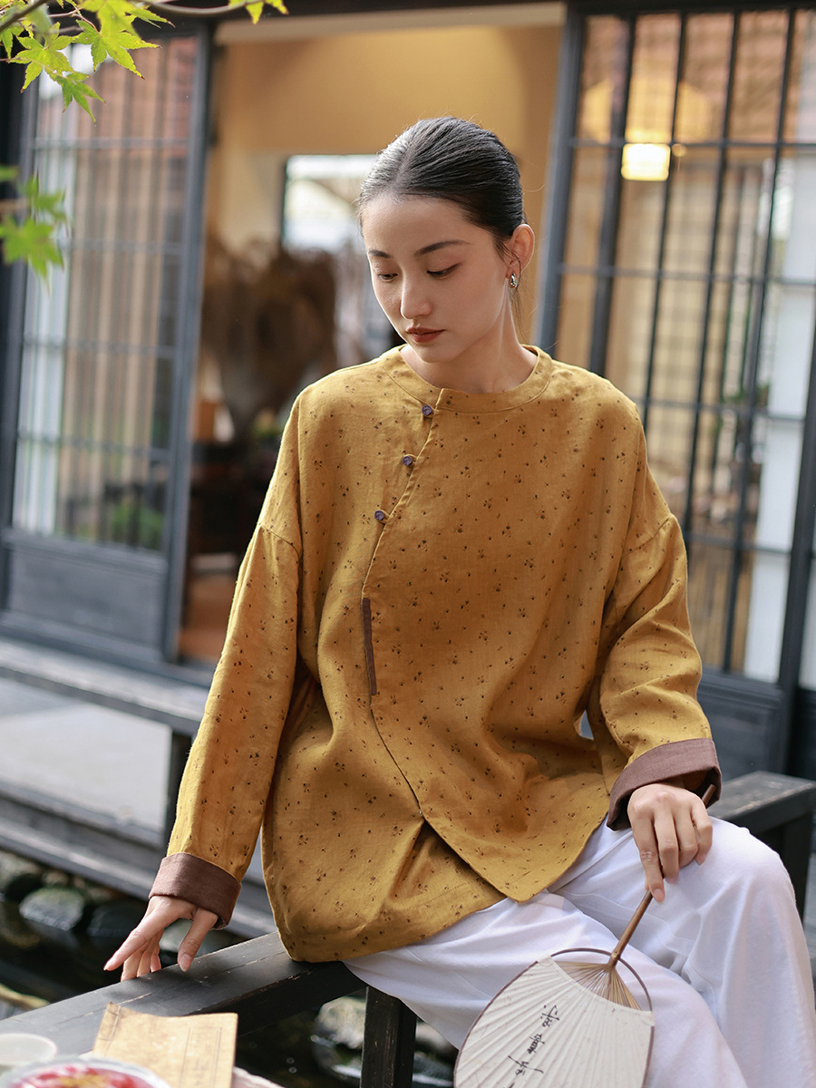 2025 spring new women's clothing new Chinese linen printed top women's Chinese style retro washed t-shirt wholesale
