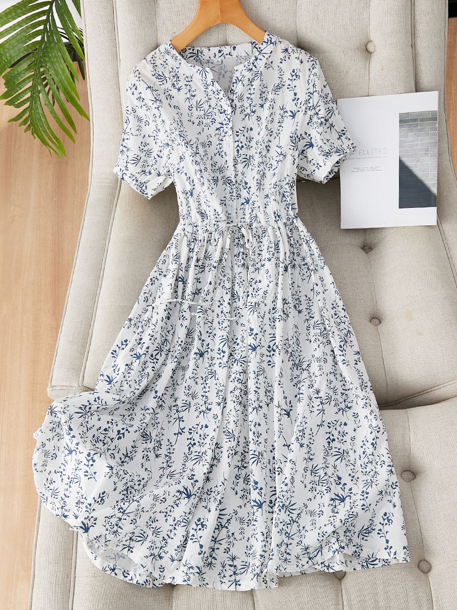 Factory Direct Sale New Chinese-Style National Trend Small Floral Pure Cotton Dress for Women, Short-Sleeved Autumn New Elegant Mid-Length Dress