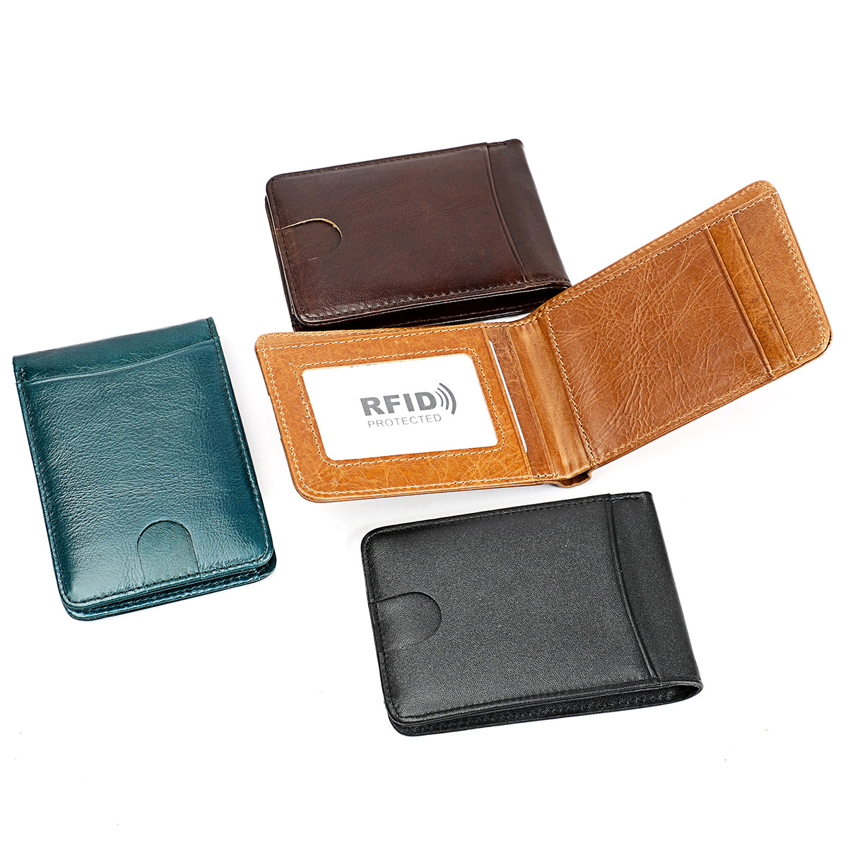 Factory supply foreign trade new first layer leather men's beauty gold clip fashion RFID card bag leather women's wallet