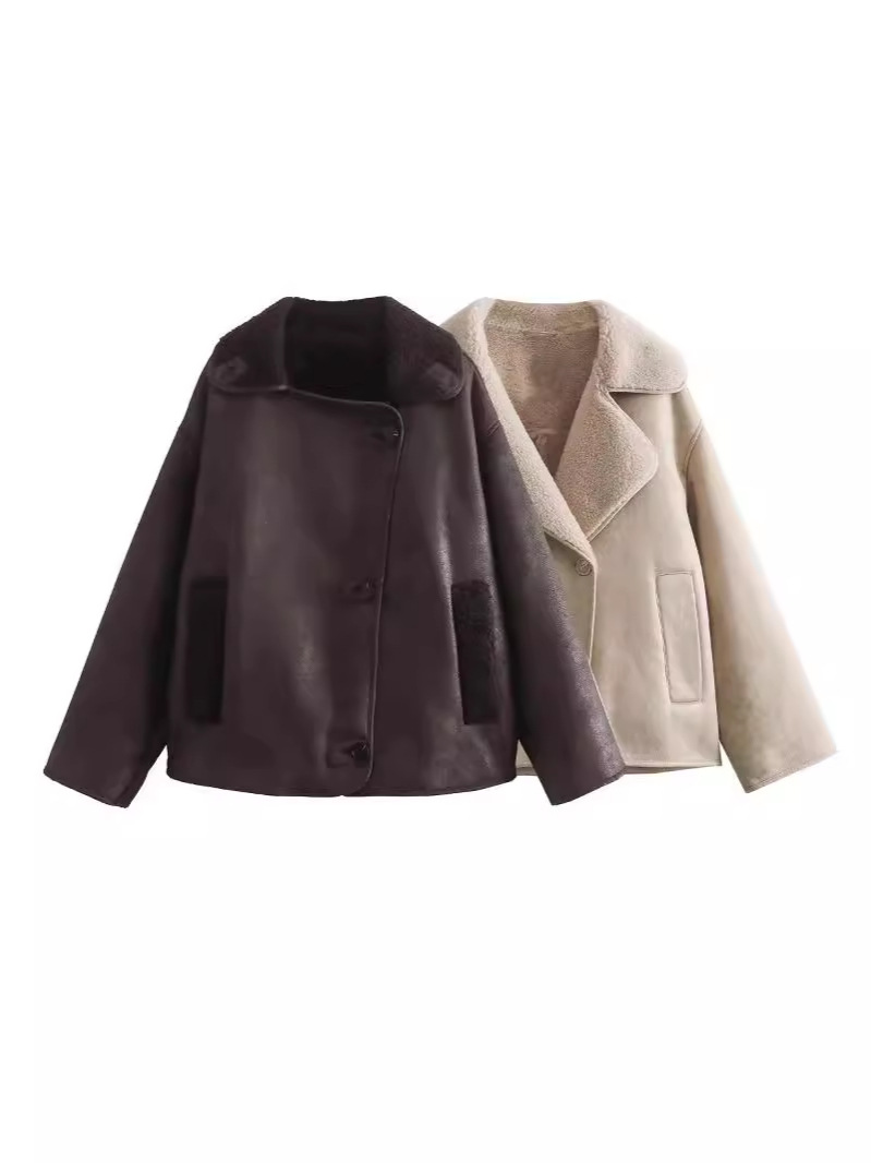 Zatrax-2024 spring and autumn European and American style women's elegant lapel bronzing double-sided jacket pocket coat