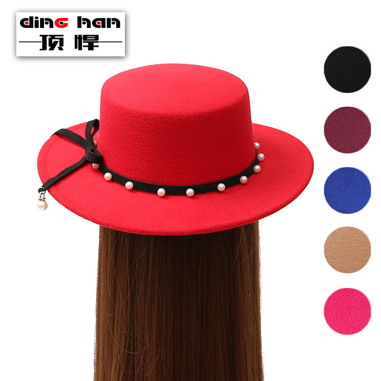 Tough autumn and winter Korean trend flat top hat ladies personality Pearl wool felt hat wholesale