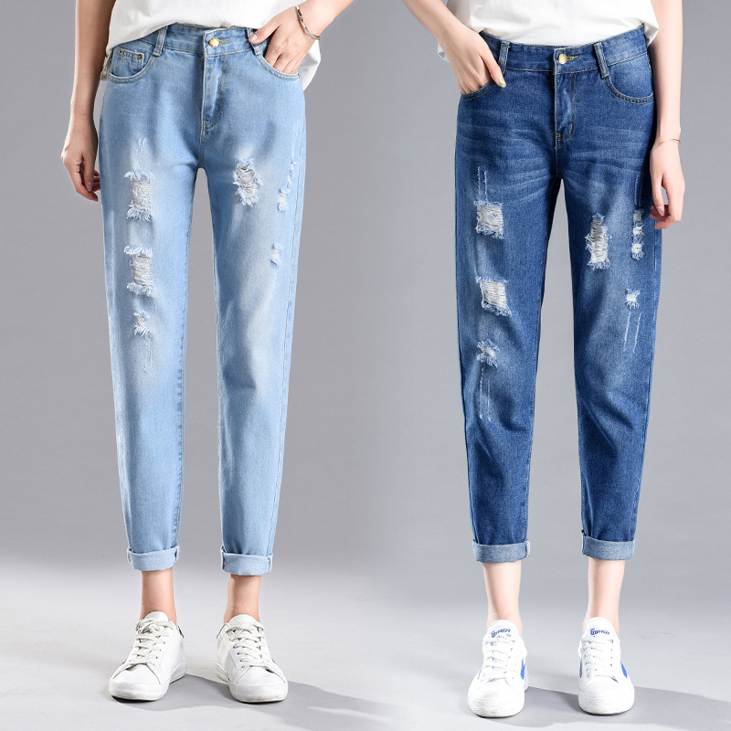 Korean Ripped Jeans Summer New Straight New High Waist Loose Ankle-length Pants Casual Beggar Harem Pants for Women