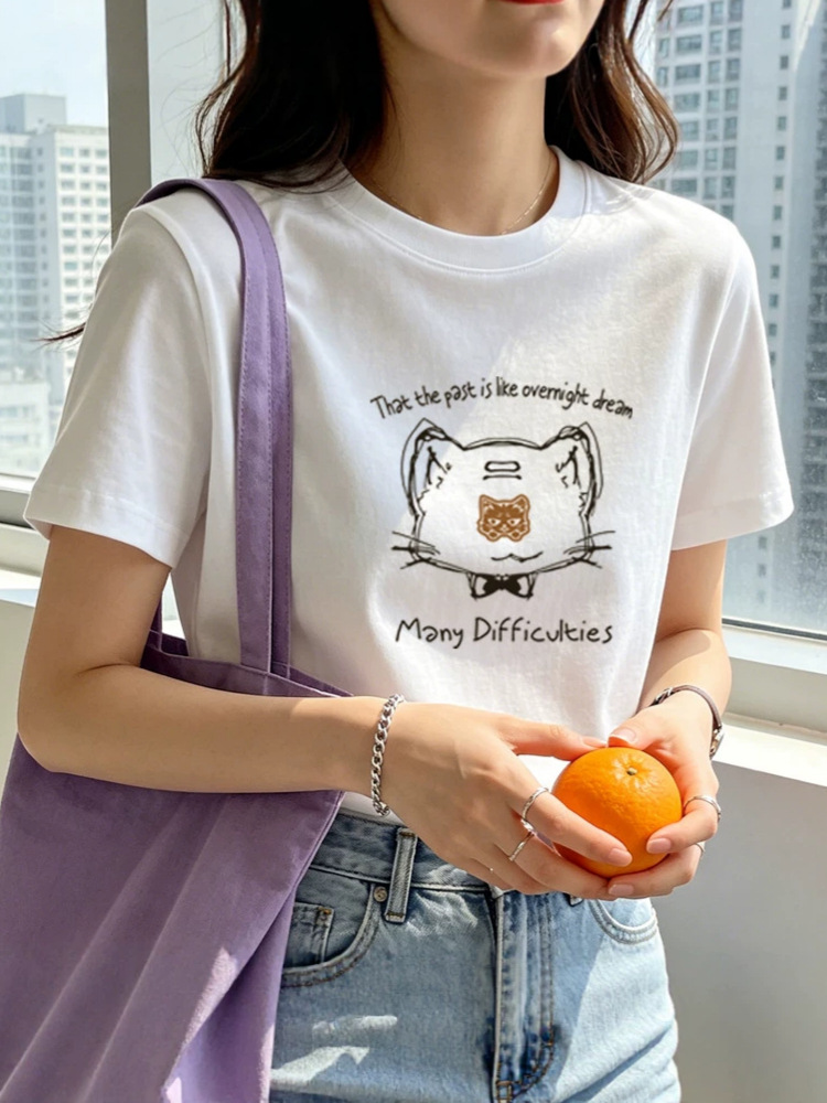 Korean-Style Straight-Shoulder Pure Cotton Short-Sleeve Women's T-Shirt, Summer New Design, Niche Ins Basic Style Women's Half-Sleeve Tee