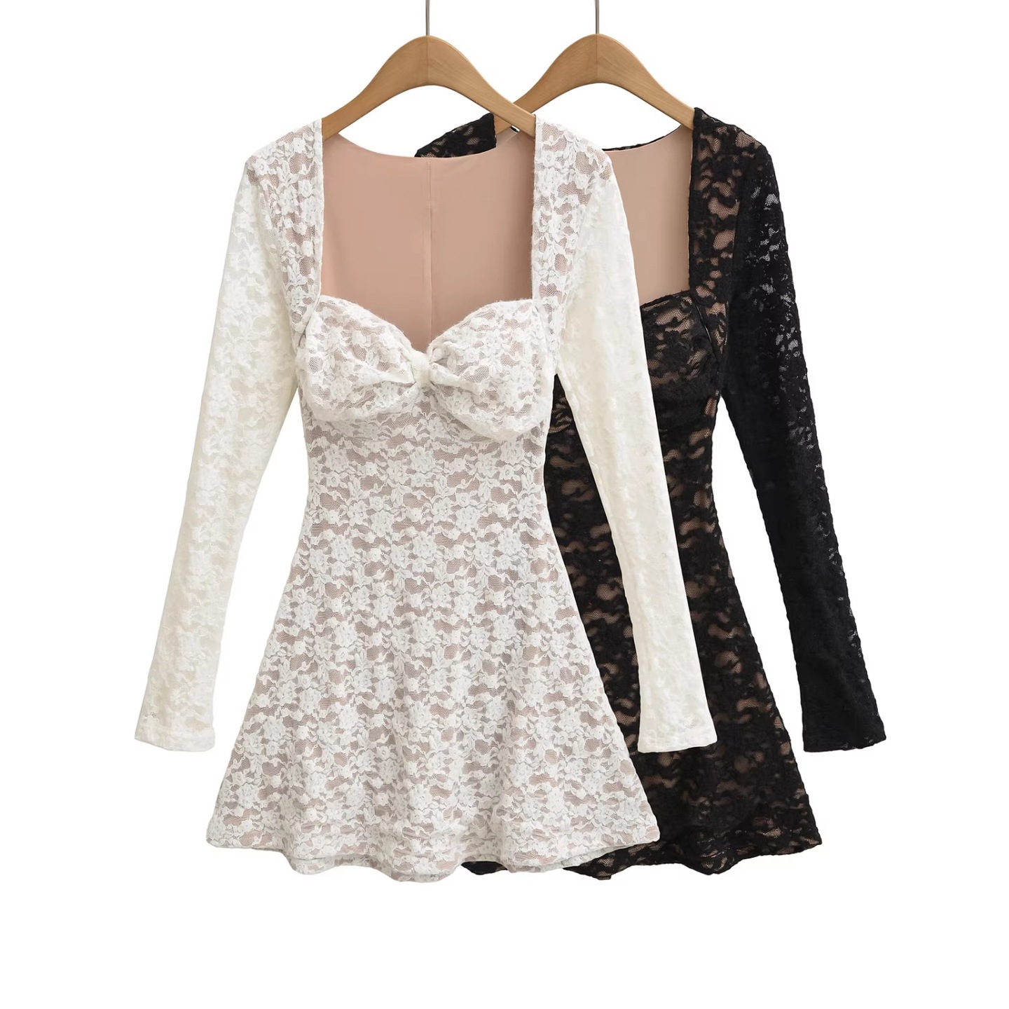 White Lace Square-Neck Long-Sleeved Dress with a High-End Feel, Sexy Waist-Cinching Bodycon Short Dress