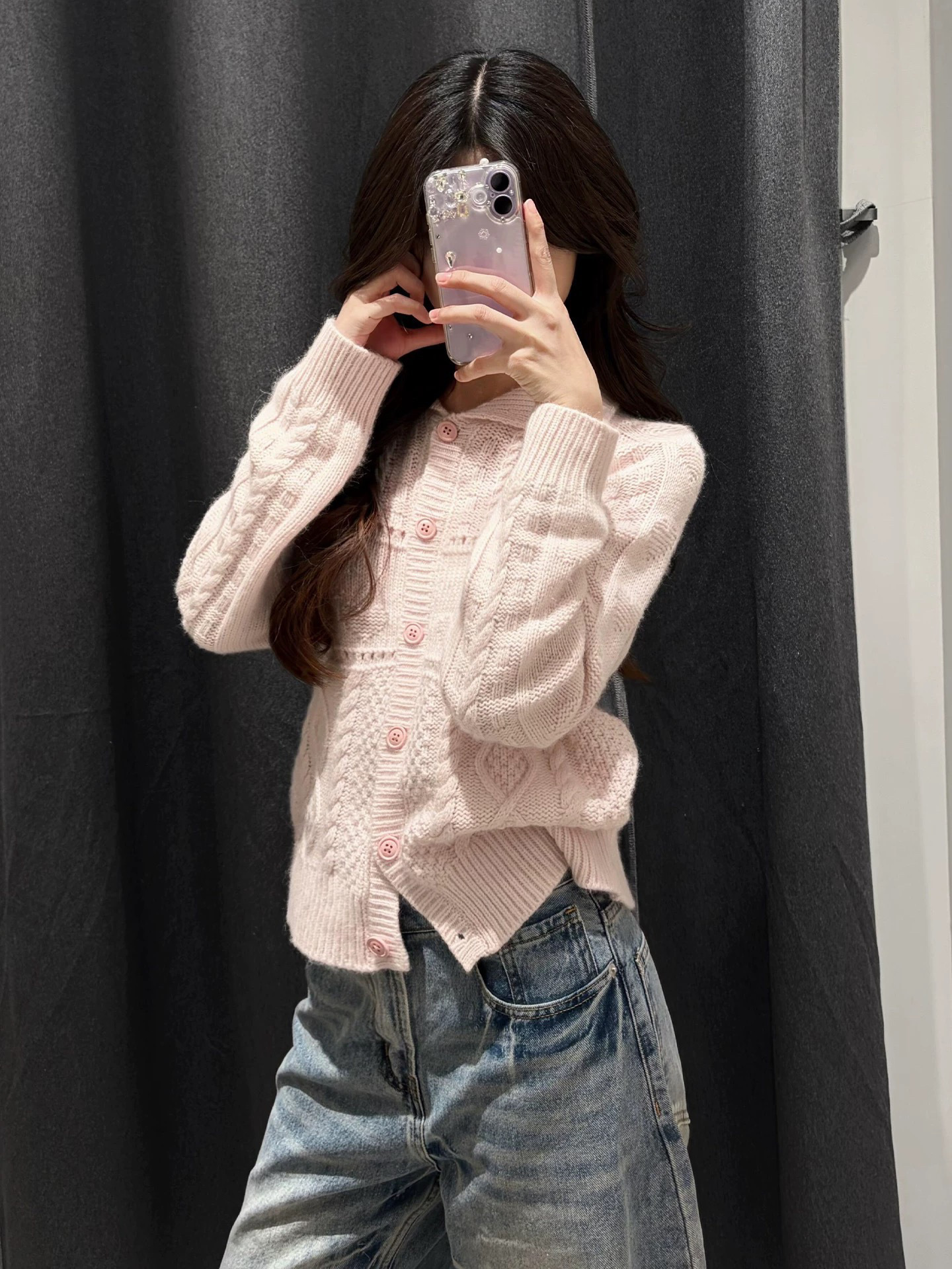 Vintage Sweet Pink Cable Knit Cardigan with Turn-Down Collar for Women 2026 New Style Beautiful Hollow-Out Knitted Sweater Top