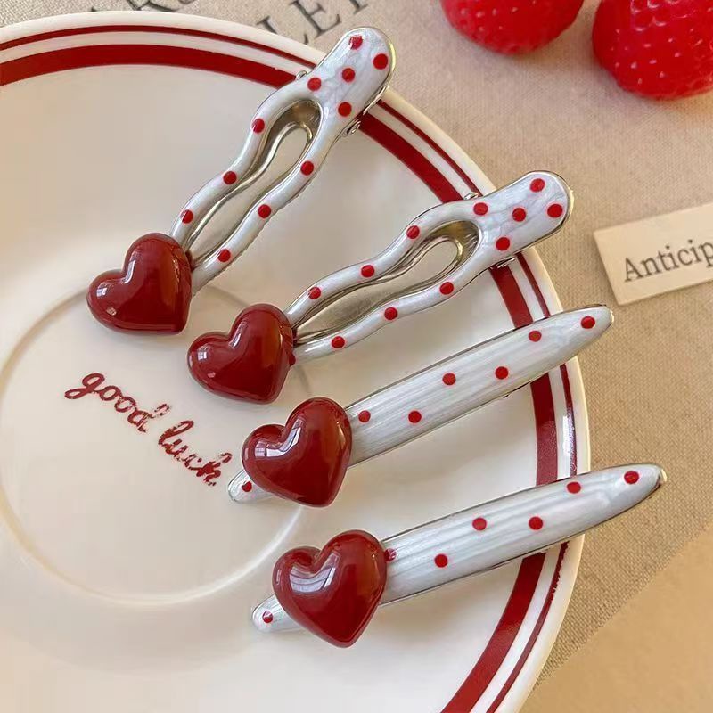 Elegant Polka Dot Pearl Alligator Clip, Big Red Heart Hair Clip, Ancola Red Willow Leaf Side Bangs Clip for Street Stalls