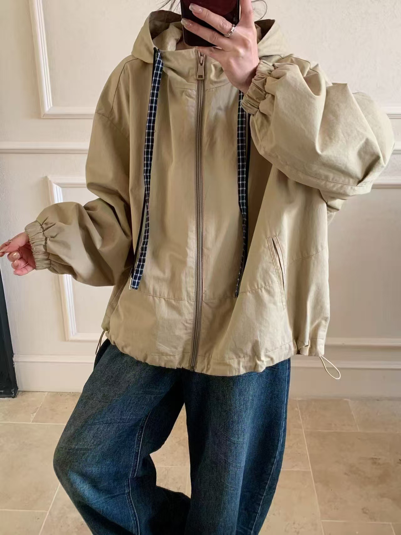 2026 Windbreaker Jacket Loose Casual College Style Hooded New Top Plaid Patchwork Jacket Coat Top
