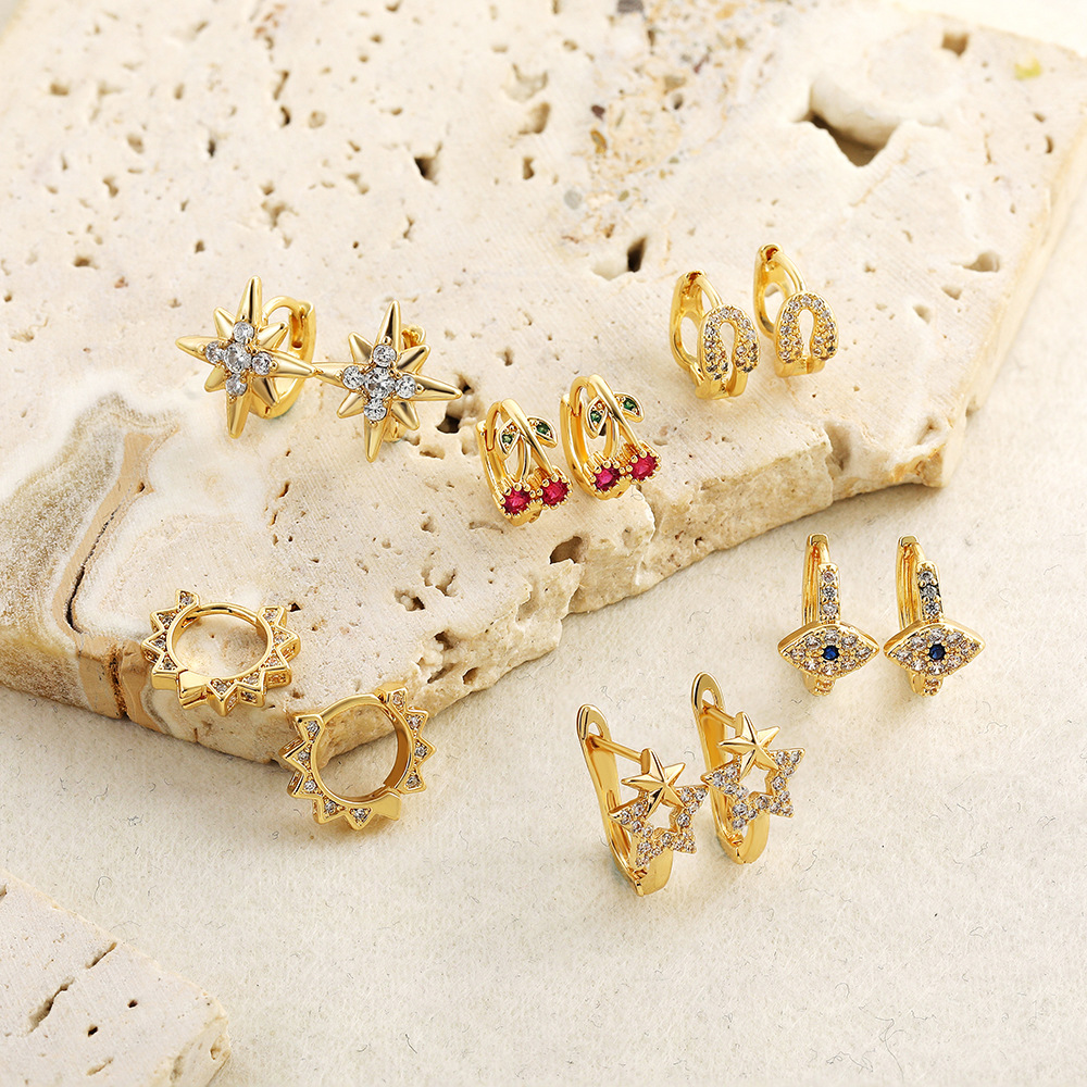18K Gold Micro-Paved Zircon Earrings Geometric Eight-Pointed Star Five-Pointed Star Blue Eye Earrings European and American Cross-Border Earrings