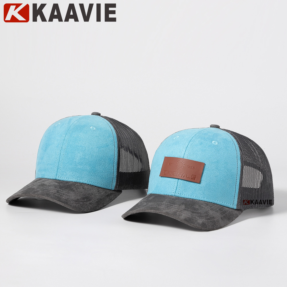 Mesh Cap Custom Logo Six-Page Hard Top Baseball Cap Pu Logo Genuine Leather Logo Truck Driver Hat Guangzhou Hat Factory