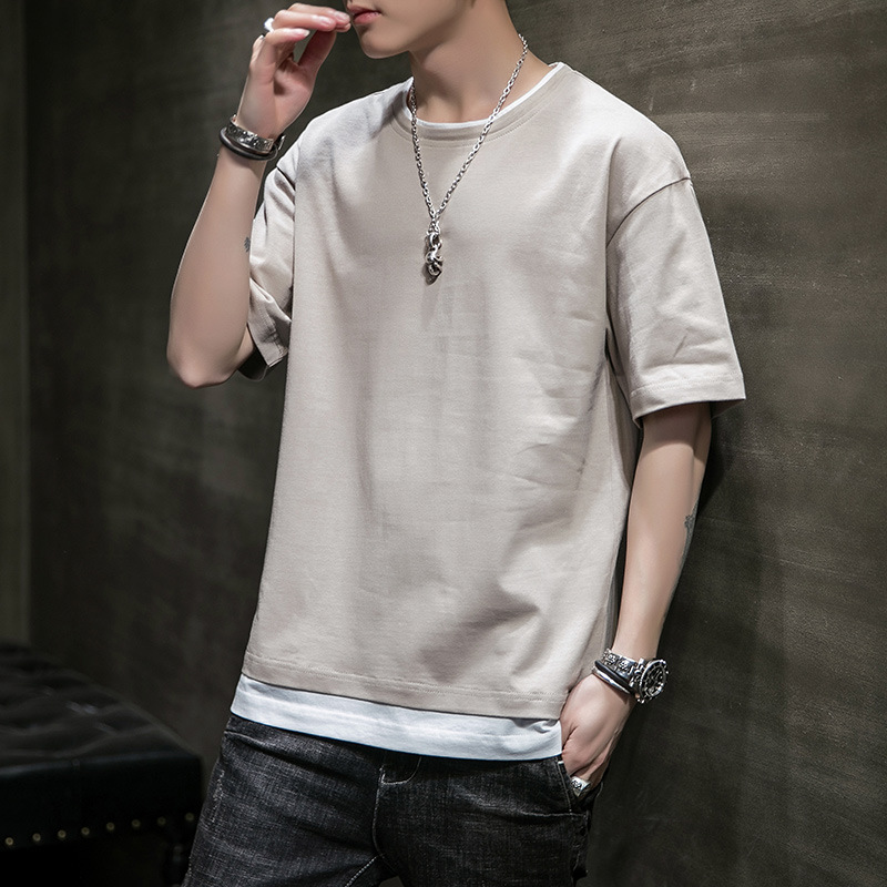 Men's Short-Sleeved T-Shirt Summer Trbottomyy Pure Cotton Pure Color Splicing Half-Sleeved T-Shirt New Round Neck Loose Fake Two-Piece Bottoming