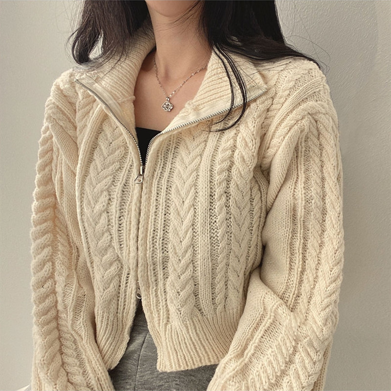 Autumn and Winter 2024 New Korean Style Retro Elegant Student Double Zipper Twist Sweater Jacket Women's Knitted Cardigan Jacket