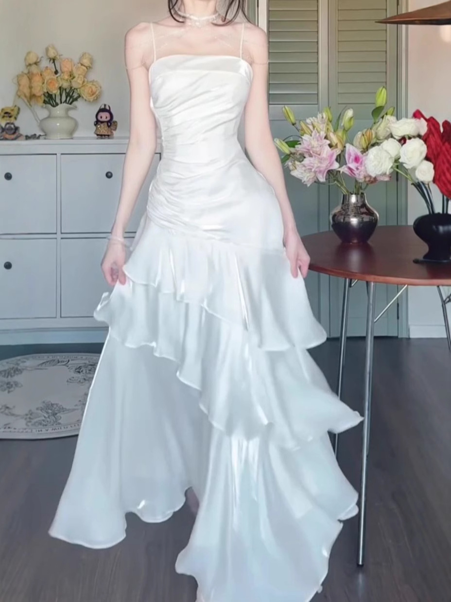 Beach Resort Style Cake-Length Dress 2026 Summer New French Style White Ruffled Satin Suspender Dress for Women