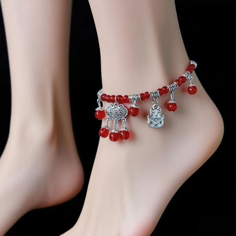 Zodiac Year Red Rope Anklet Ethnic Style Imitation Garnet Women's Foot Jewelry Longevity Lock Bell Handmade Beaded Accessories