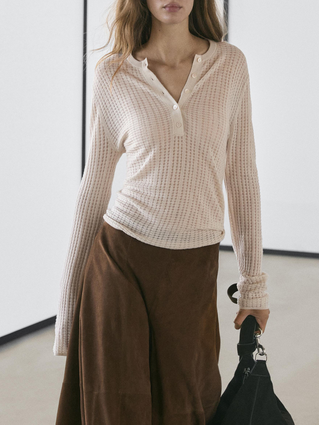 Md26 Early Spring New Style Casual Lazy Old Money Style Hollow-Out Henley Collar Loose Relaxed Slim Long-Sleeve Knit Sweater