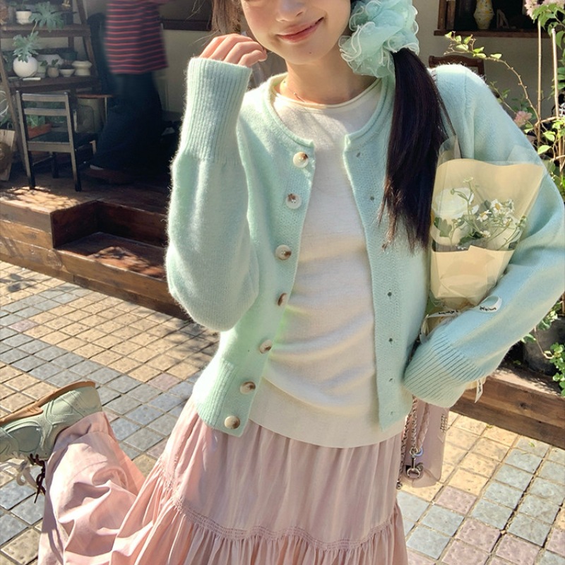 Dopamine Green Short Knitted Cardigan for Women, New Spring Korean Style, Soft and Beautiful Sweater Coat