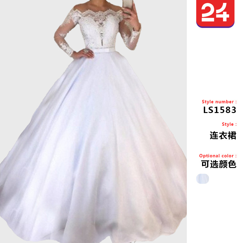 2025 Export New Wish European and American One-Shoulder V Neck Slim Fashion Lace Skirt Fluffy Tail Wedding Dress
