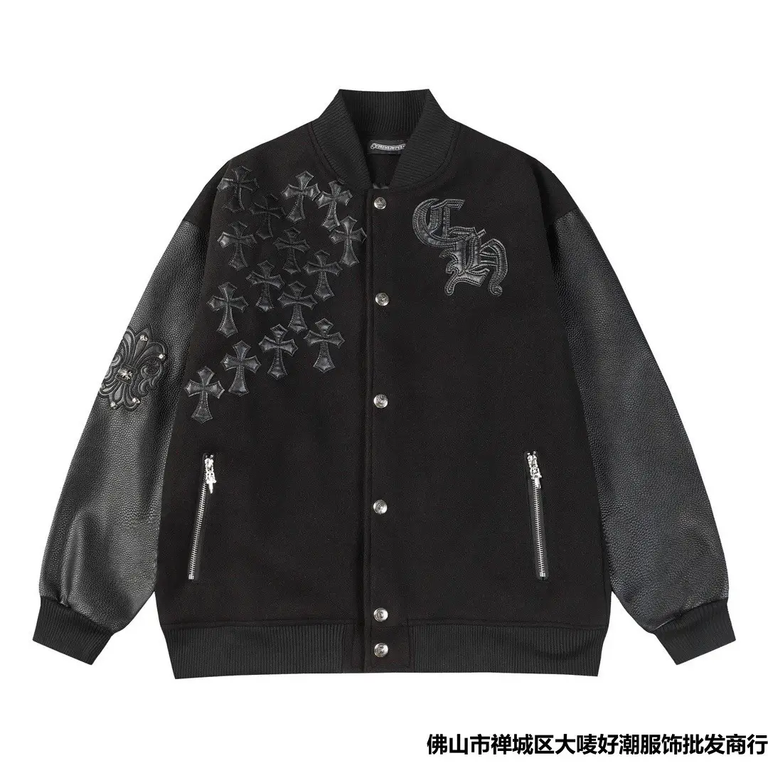 European and American Trendy Fashion Ch Crowe Cross Patch Leather Embroidered Baseball Jacket Cross-Border Factory Direct Shipment