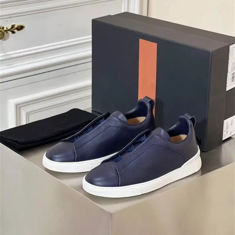 Wu Lei's Same Style European Men's Sneakers, Genuine Leather Low-Top White Slip-On Shoes with Elastic Band, Lazy Slip-On Driving Shoes