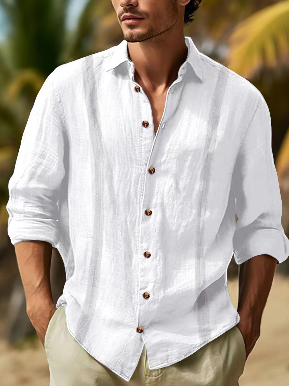 Cross-border 2024 Spring and Autumn New Solid Color Cotton and Linen Blended Collage Lapel Long Sleeve Daily Casual Men's Shirt