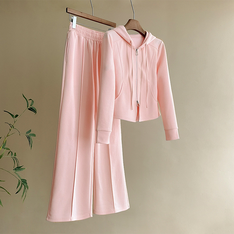 Western Style Casual Sports suit Women's Autumn Fashion Hooded Sweatshirt Coat Wide Leg Pants Two-piece Set