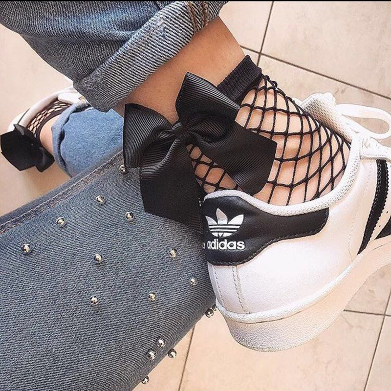 Japanese Women Harajuku Lolita Bow Net Stockings Black Lace Fishnet Socks