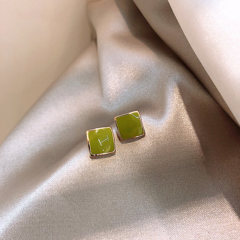 S925 Silver Needle Korean Style Green Square Earrings, Simple and Elegant Niche Design, High-End Earrings, Popular Online Style Ear Accessories
