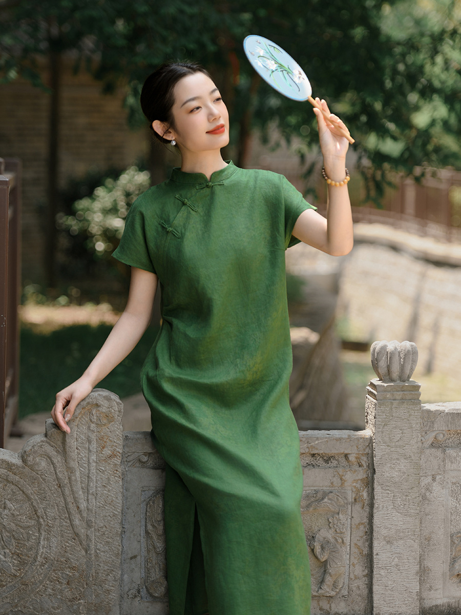 New Chinese Style Women's Summer New Short-Sleeved Linen Printed Dress Chinese Style Retro Improved Cheongsam Wholesale