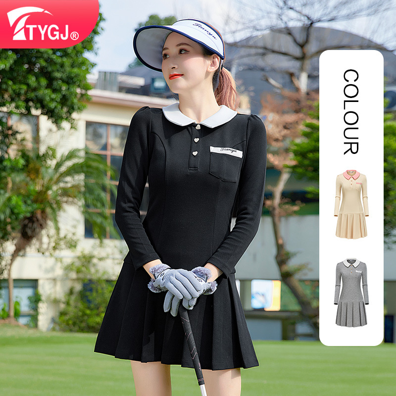 Ttygj New Golf Clothes Polo Collar Dress Women's Waist Slimming Look Dress Autumn and Winter Pleated Skirt