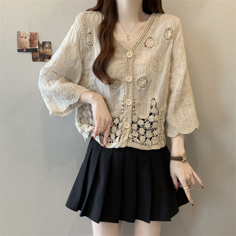 Plus Size Knitwear 2025 Spring and Summer New Korean Style V-Neck Crochet Cut Out Versatile Cardigan Sun Protection Top for Women