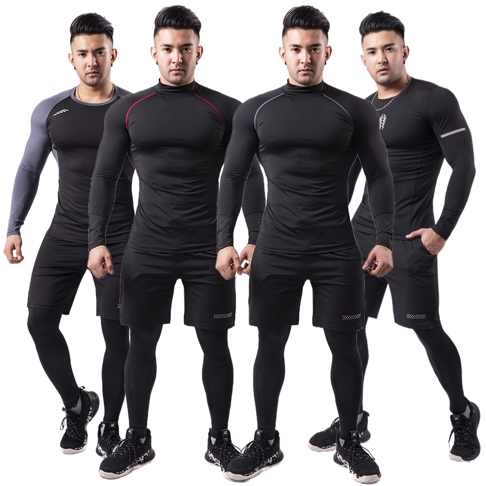 Cross-Border Sports Suit Men's Spring Elastic Quick-Drying Tight-Fitting Long-Sleeved T-Shirt Basketball Training Fitness Clothing Three-Piece Set