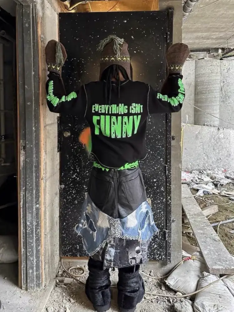 Opium Yvl Style Denim Waffle Green Clown Long-Sleeve Boxy T-Shirt Younglord