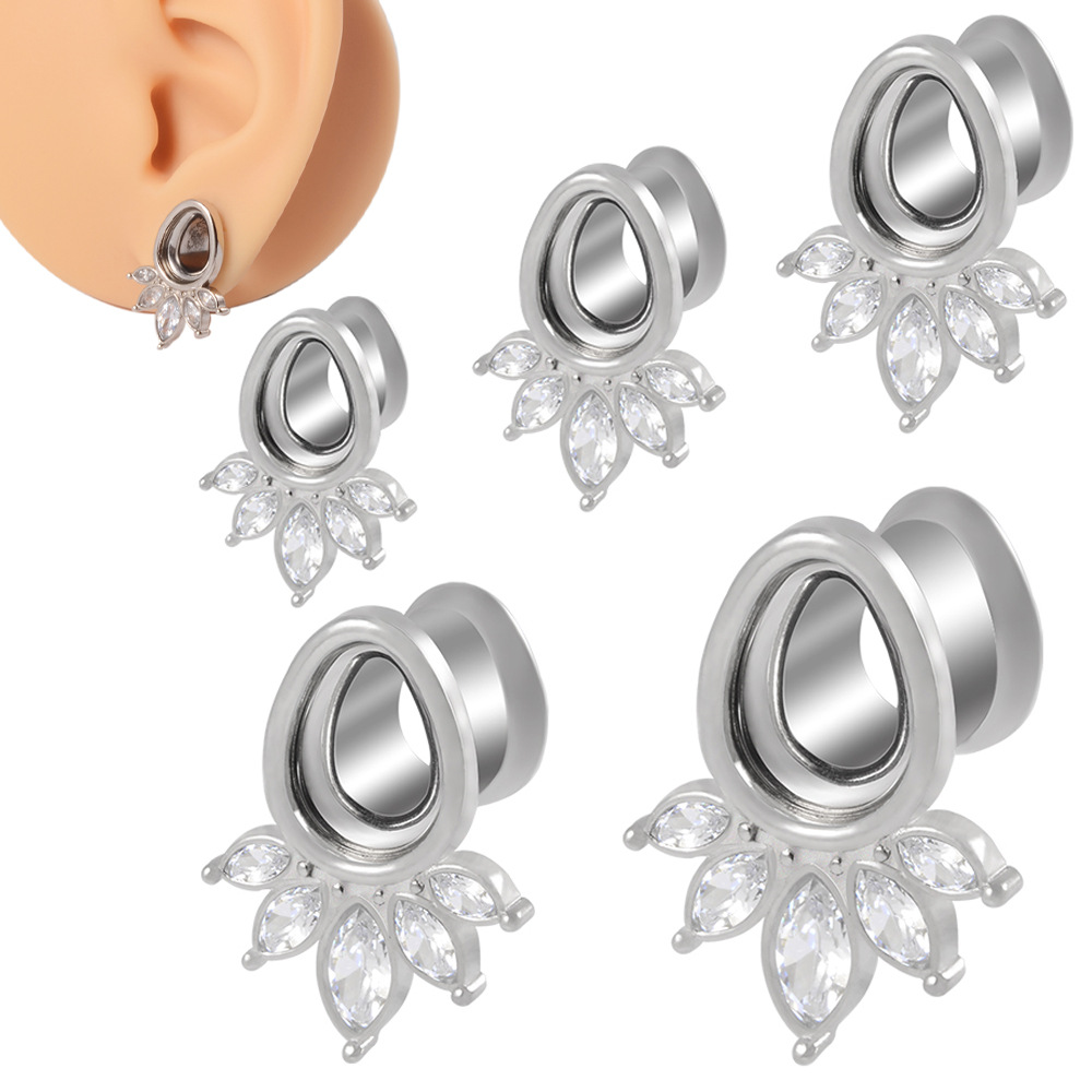 Cross-border stainless steel drop-shaped auricle multi-zircon flower earrings ear expansion personality simple piercing earrings