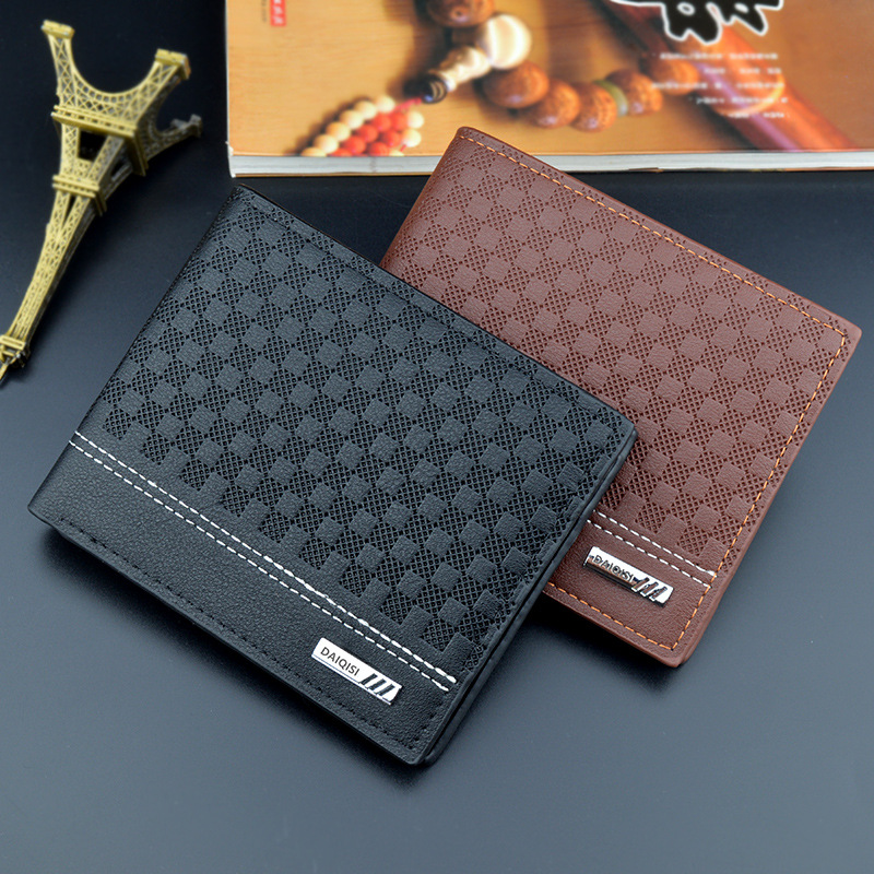 New Men's Wallet Men's Short Fashionable Simple Plaid Thin Wallet Men's Youth Large Capacity Horizontal Soft Wallet