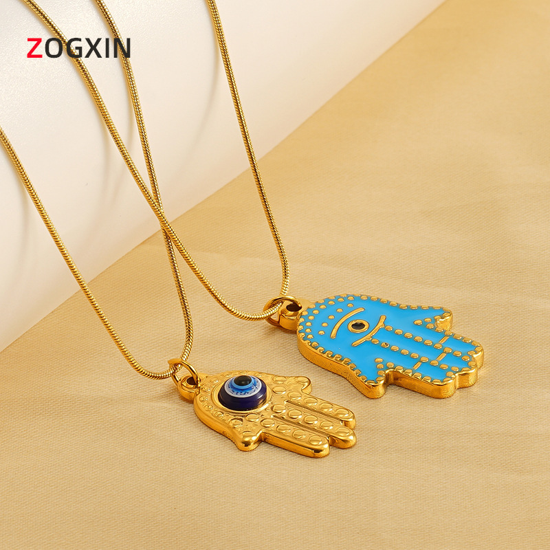 European and American Retro Fatima Hand Pendant Women's Trendy Cross-border Blue Turkish Eye Palm Devil's Eye Necklace