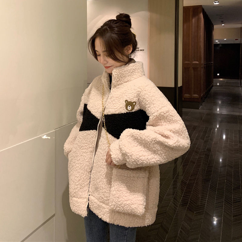 2024 New Winter Korean Style Large Size Loose Lazy Style Fleece-Lined Thickeneded Cardigan Imitation Lamb Wool Top Jacket for Women