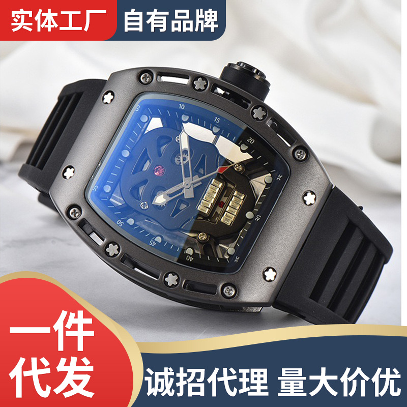 Cross-border new Hengbo dragon fashion skeleton ghost head hollow men's watch wine barrel watch silicone quartz watch wholesale