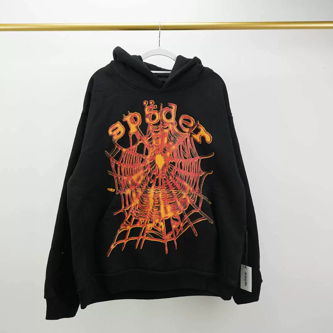 Orange flame letter spider web hooded long sleeved thick cotton T