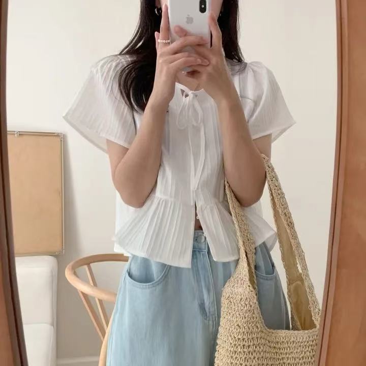 2026 Summer New Style Gentle and Sweet Bow Pleated Design Flutter Sleeve Fashionable Versatile Shirt Top for Women