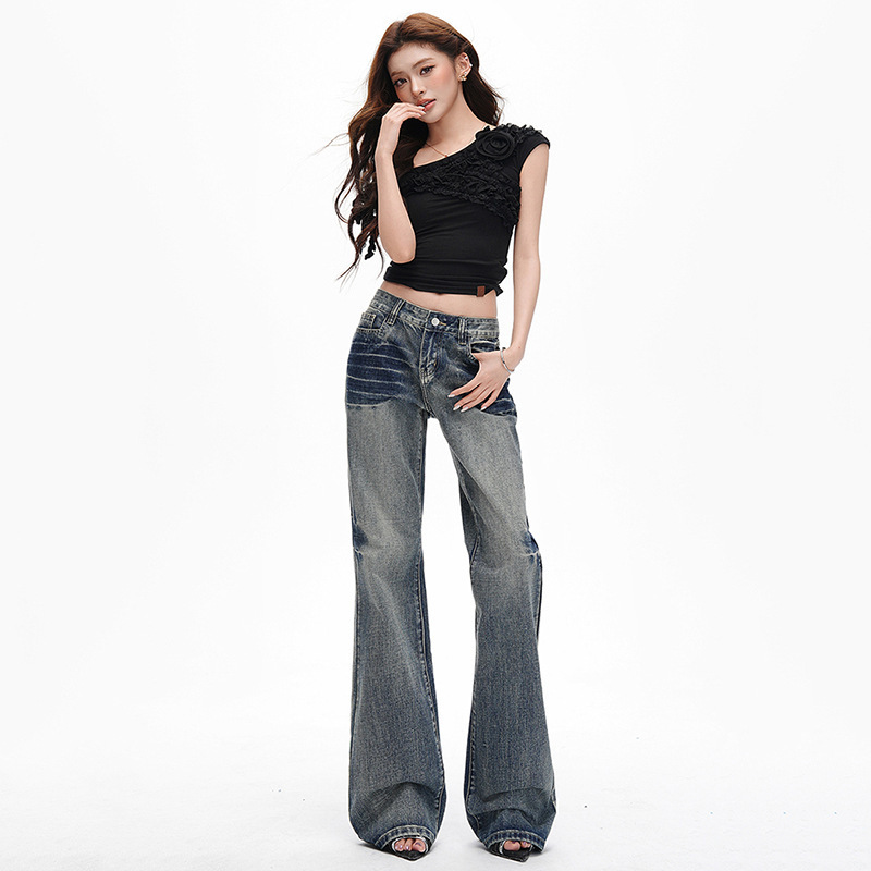 New American-Style Wide-Leg High-Street Retro Heavy-Duty Washed Mid-Low Waist Slimming Slightly Spicy Jeans for Women in Washed Blue